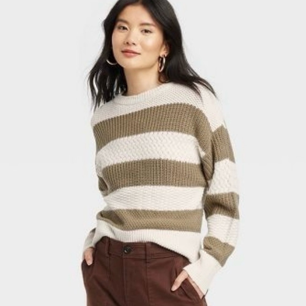 a new day Cream and Olive Stripe Crewneck Sweater